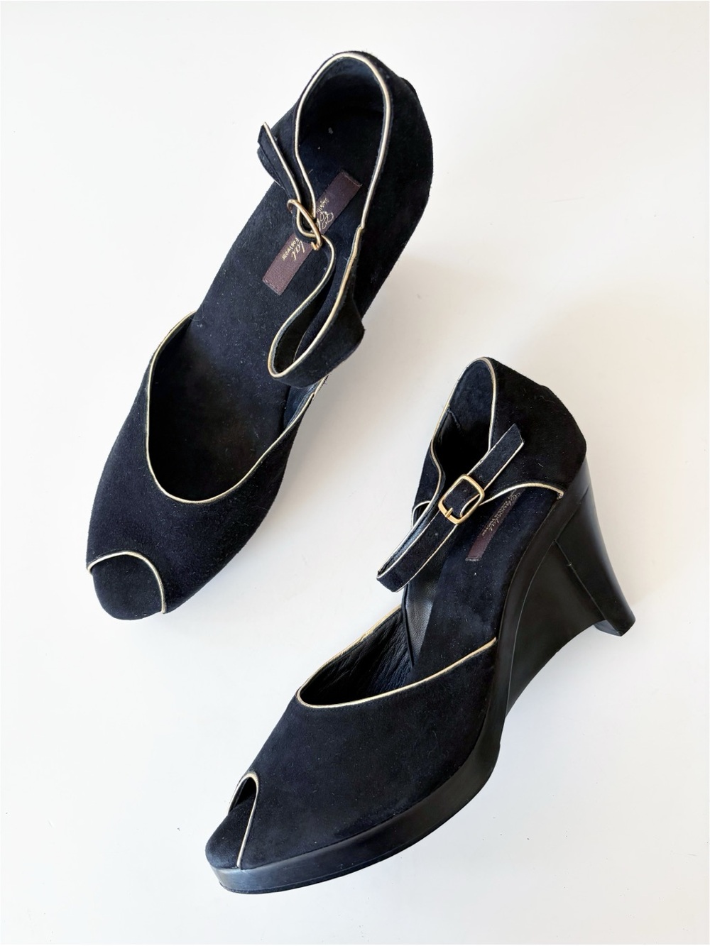 Chocolat || Suede Open Toe Wedge Ankle Strap Mary Jane Black Gold 11